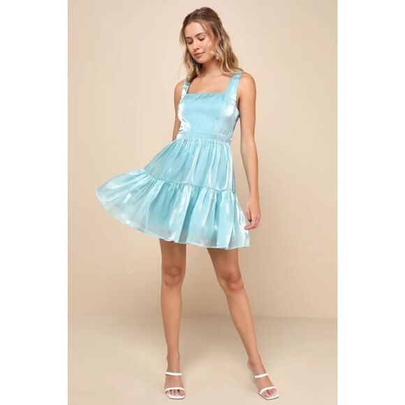 Lulus Womens Thriving Darling Shiny Sleeveless Tiered Mini Dress Large - Picture 3 of 13